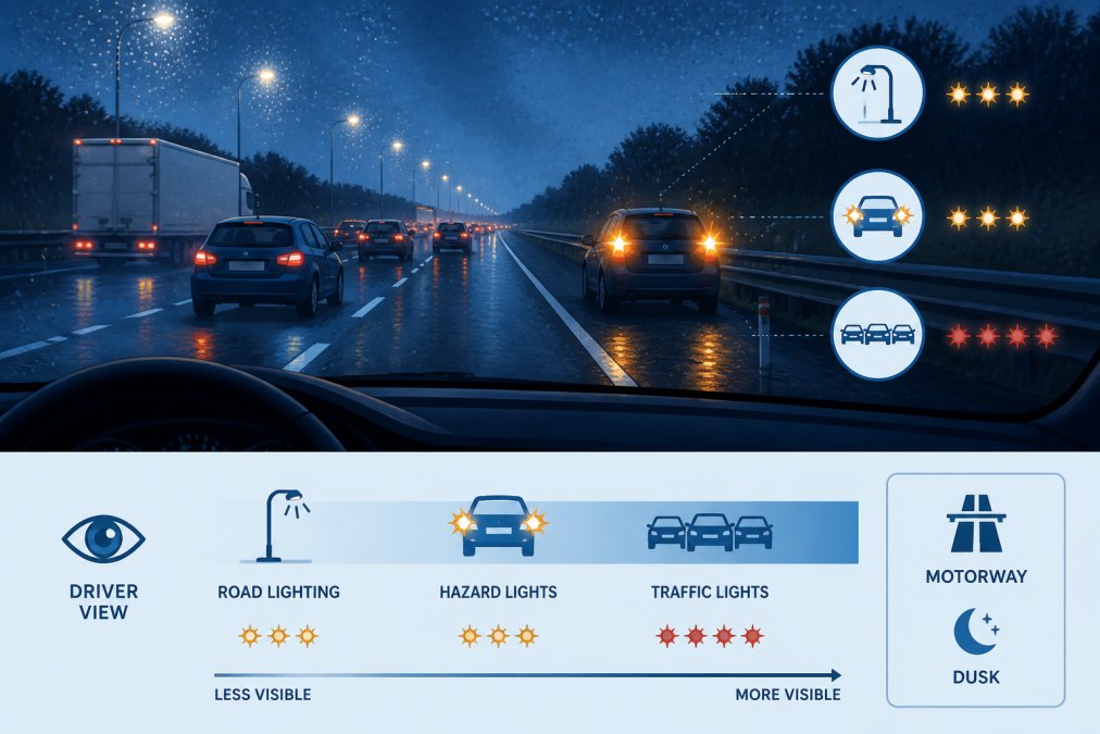 Why Hazard Lights Are Not Enough Stationary vehicle on a motorway hard shoulder at dusk with hazard lights flashing, viewed from the perspective of an approaching vehicle through rain-spotted windscreen, showing how the flashing lights blend with traffic and road lighting