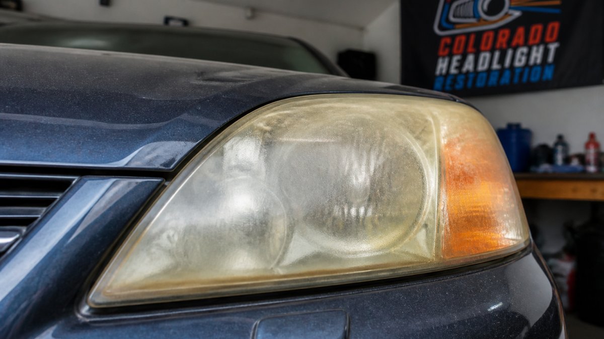 Close-up of a cloudy, yellowed headlight lens showing visible oxidation and discoloration on the plastic surface of a vehicle