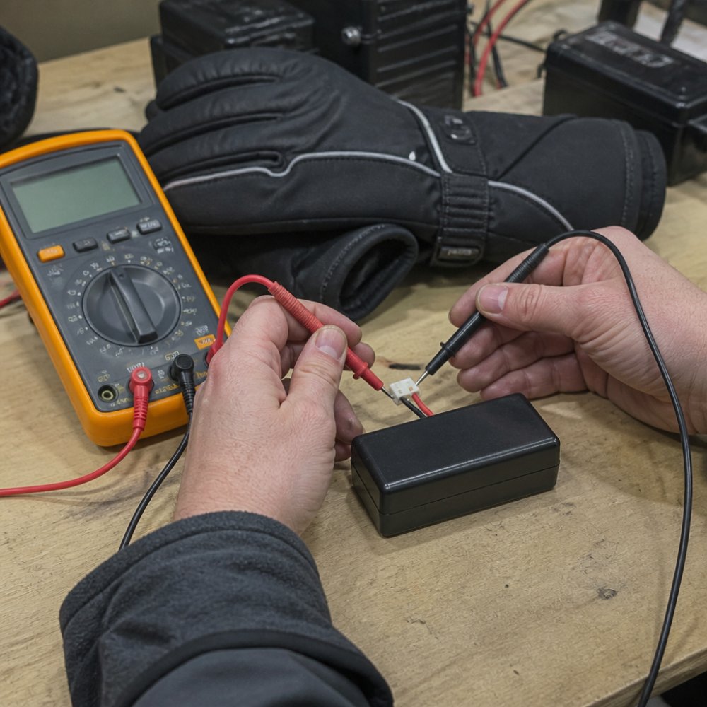 Close-up of hands holding a digital multimeter with red and black probes touching battery connector terminals on a heated glove battery pack in bright workshop lighting