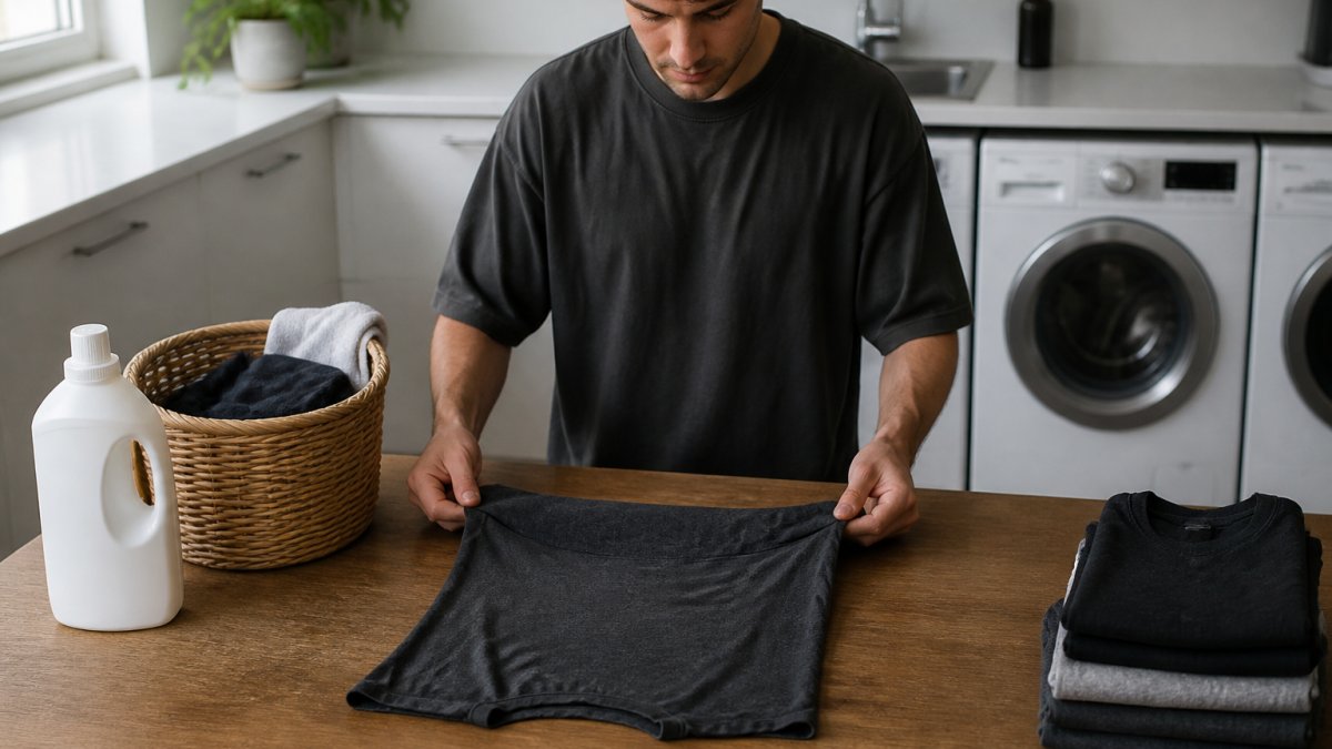 A person carefully folding a heavy cotton gym shirt on a clean wooden surface, with a laundry basket and detergent bottle nearby in a bright home laundry room