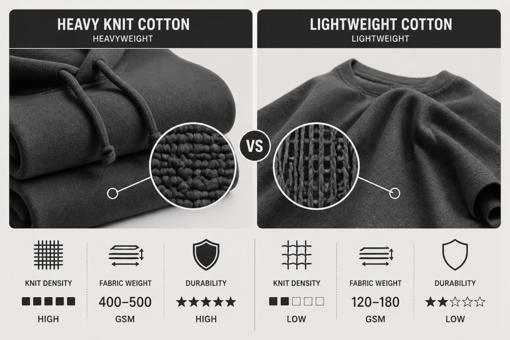 Close-up of folded heavyweight organic cotton hoodies displaying tight weave texture and dense fabric structure compared to draped lightweight cotton garment showing loose, open knit pattern