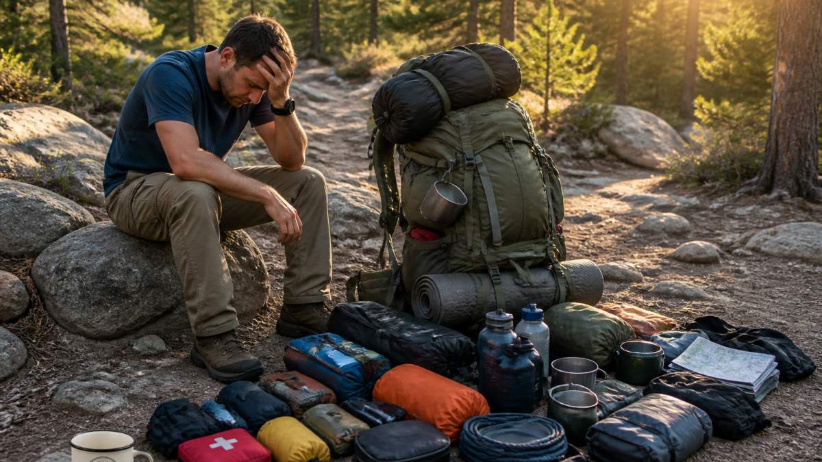A hiker sitting on a rock beside an overstuffed backpack, gear spread out on the ground, looking exhausted on a wooded trail in late afternoon light