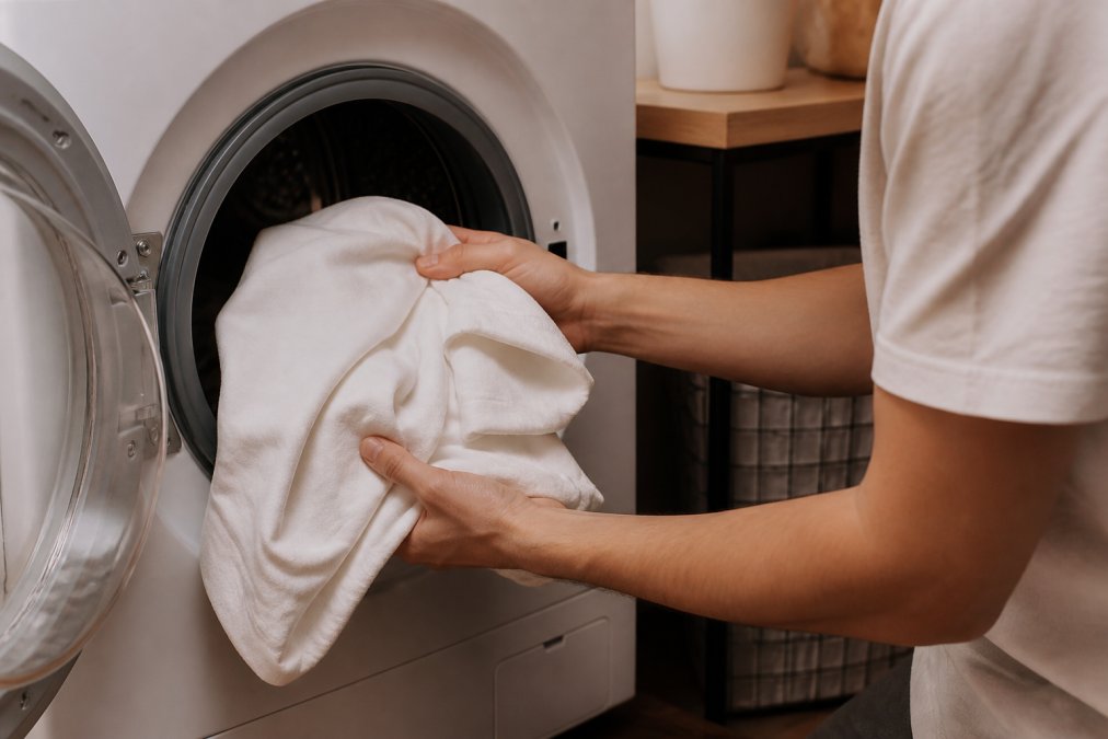 Person gently placing a heavyweight cotton tee into a washing machine, hands carefully handling the fabric, warm indoor lighting from laundry room