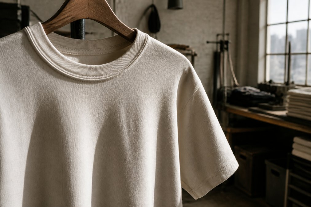 Close-up of a heavyweight cotton t-shirt stretched over a wooden hanger, thick fabric texture visible under soft window light in a workshop setting