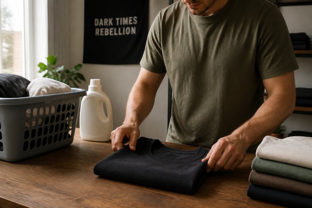 Step-by-step guide for folding a thick cotton t-shirt to maintain fabric quality and garment longevity