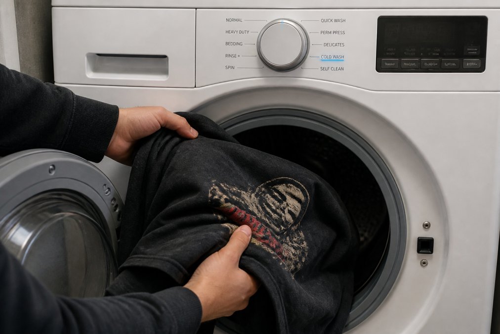 Close-up of hands placing a heavyweight graphic tee into a washing machine with cold water setting visible on the dial