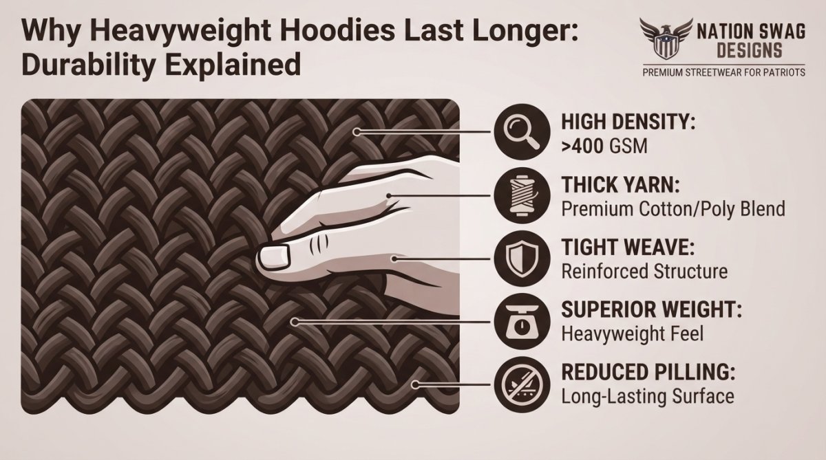 Close-up of heavyweight hoodie fabric showing dense weave texture with hand touching material to demonstrate thickness and quality of construction