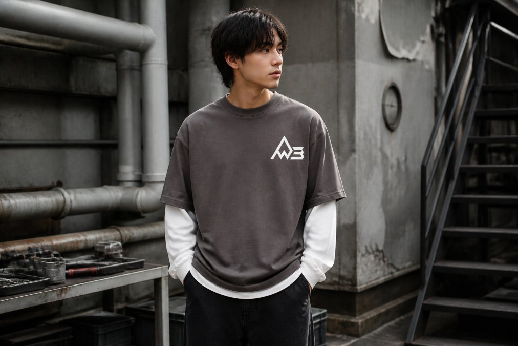 Person wearing an oversized heavyweight graphic tee layered over a long-sleeve shirt, demonstrating relaxed fit and drop shoulder styling in casual urban setting