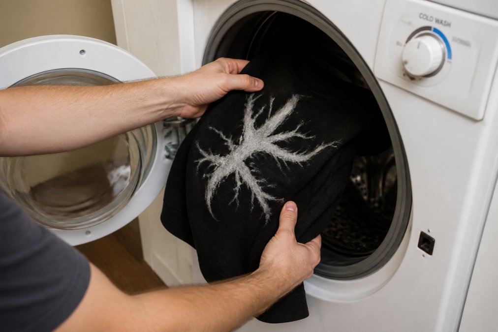 Hands placing a heavyweight graphic tee into a washing machine with the cold water dial clearly visible, showing proper loading technique
