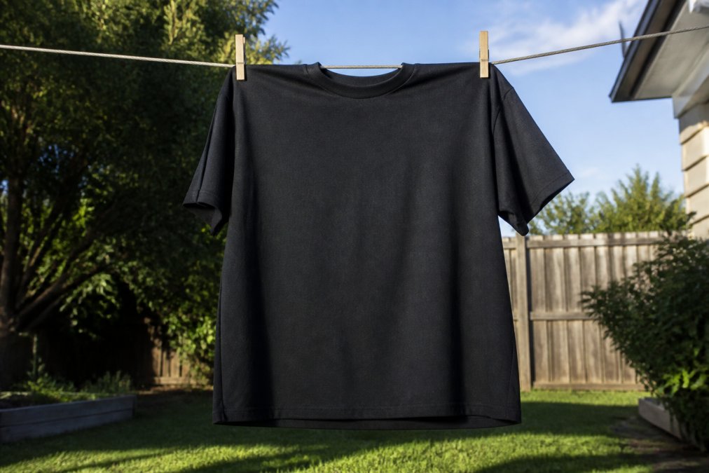 A heavyweight graphic tee hanging on a clothesline outdoors in natural sunlight, showing proper air-drying technique with the garment fully extended