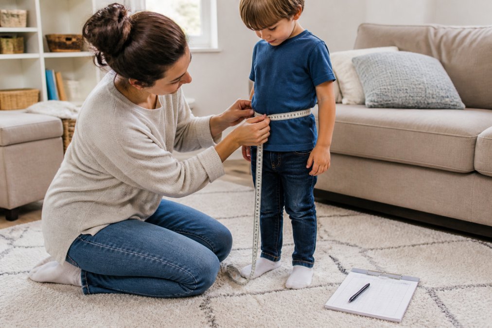 A parent kneeling beside a young child, holding a soft measuring tape around the child's waist, in a bright living room with a size chart notepad on the floor nearby