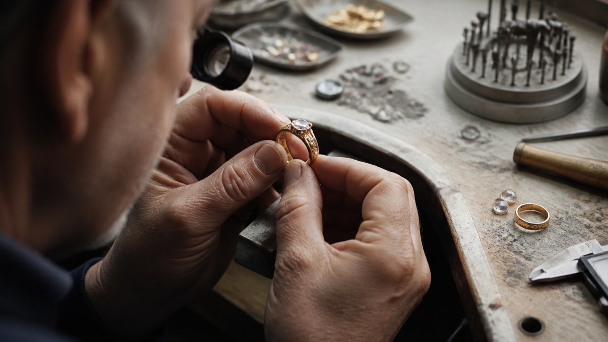 Close-up of a jeweller's hands examining an old gold ring with a loupe at a workbench, soft natural light, tools and gemstones visible in the background