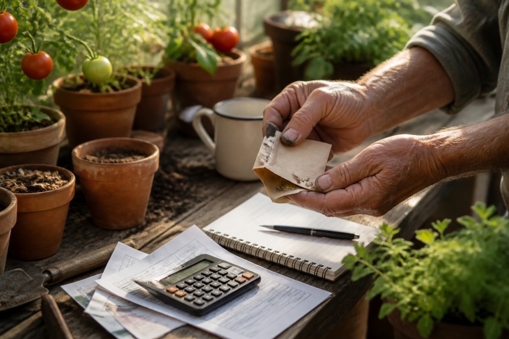Close-up of a gardener's weathered hands holding a small paper envelope of tomato seeds above a wooden potting bench with terracotta pots and soil