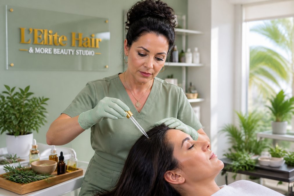 Professional demonstrating why herbal scalp treatments work better technique in modern clinical setting with natural lighting