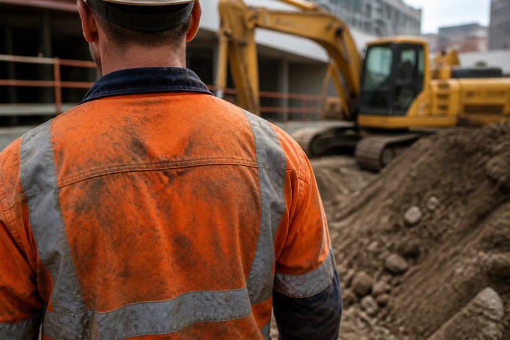 Construction worker in hi-vis orange shirt covered with dust and dirt on an active job site, showing real-world environmental exposure and soil accumulation on fabric