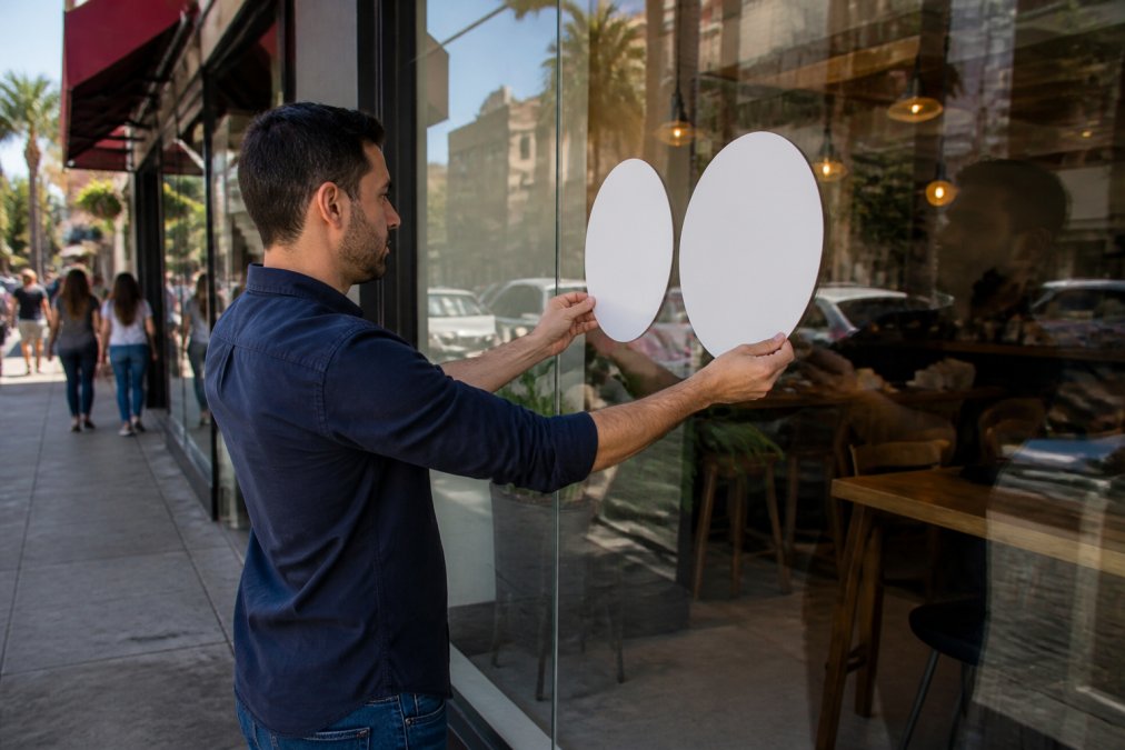 Business owner comparing window decal samples to select effective high contrast signs for retail visibility.