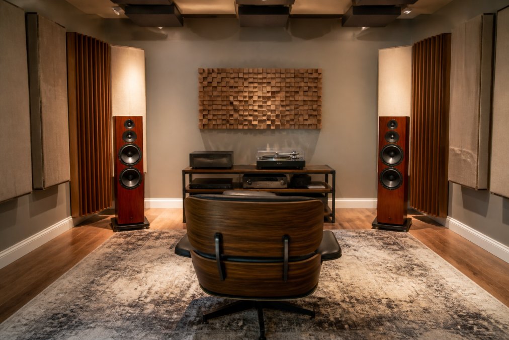 A dedicated home listening room with two floor-standing speakers symmetrically placed, a listening chair centered between them, and acoustic panels on the walls under soft, warm lighting