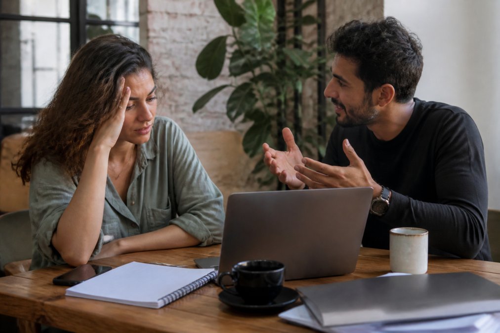 Two professionals in a tense meeting across a desk, one looking frustrated while the other speaks, illustrating misalignment in a mentoring relationship