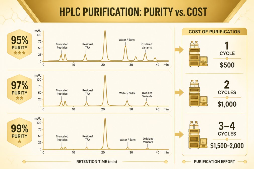 Why High Purity Peptides Cost More: A Technical Breakdown HPLC chromatogram comparison showing three peptide batches: 95% purity (multiple secondary peaks), 97% purity (fewer secondary peaks), 99% purity (dominant single peak with minimal impurities). Annotate peaks as truncated peptides, residual TFA, water/salts, and oxidized variants. Label cost multiplier: 95% = 1 purification cycle ($500), 97% = 2 cycles ($1,000), 99% = 3-4 cycles ($1,500-2,000)