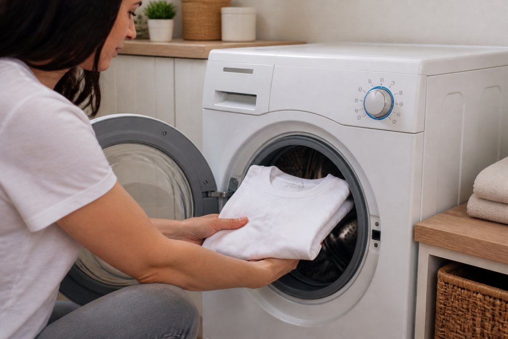 Person carefully placing a folded white t-shirt into a washing machine with the cold water dial setting clearly visible, natural kitchen lighting