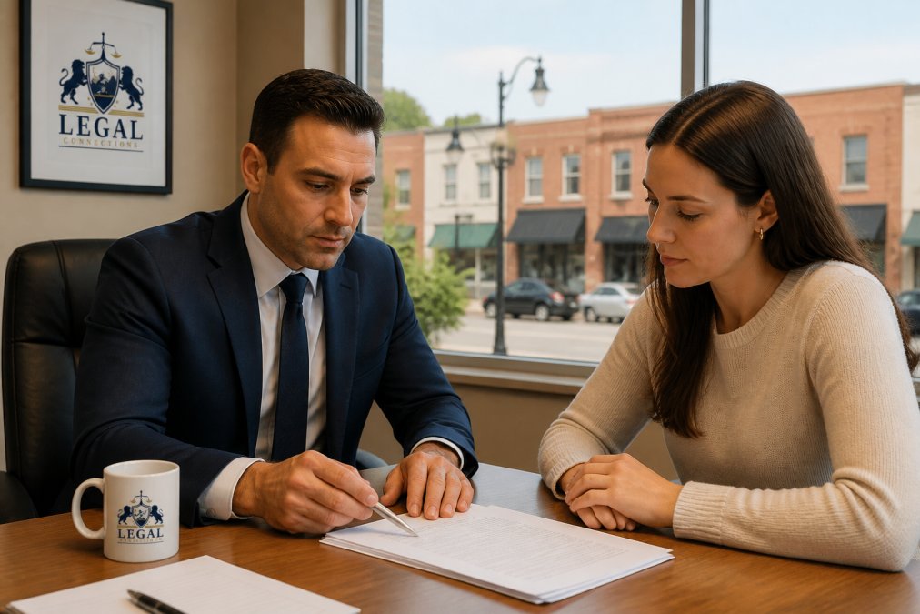 A family law attorney and a client reviewing documents together at a wooden table in a bright office, with a window view of a suburban downtown street