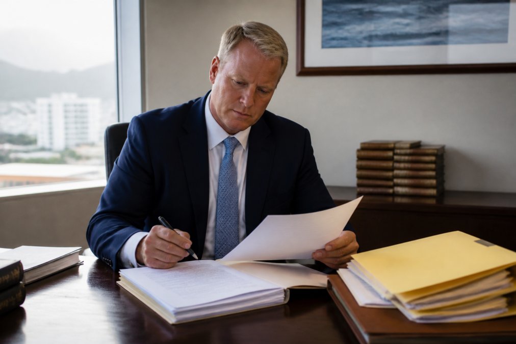 Professional attorney reviewing case documents and evidence at a desk with legal files and a laptop in a modern office setting with natural lighting