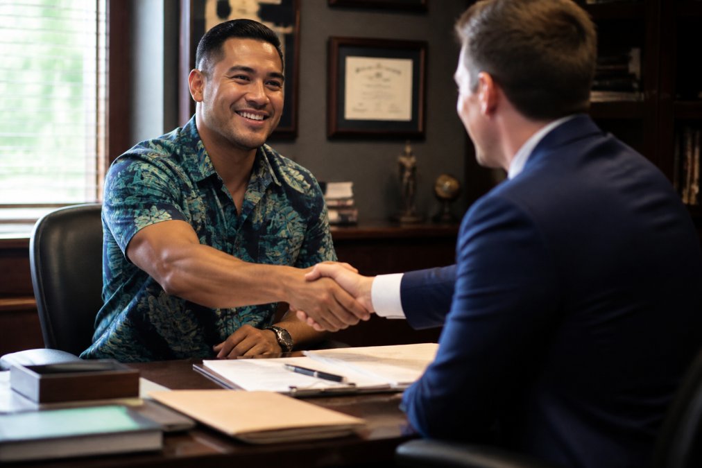 Client and attorney shaking hands during a consultation in a professional law office with legal documents and diplomas visible on the walls
