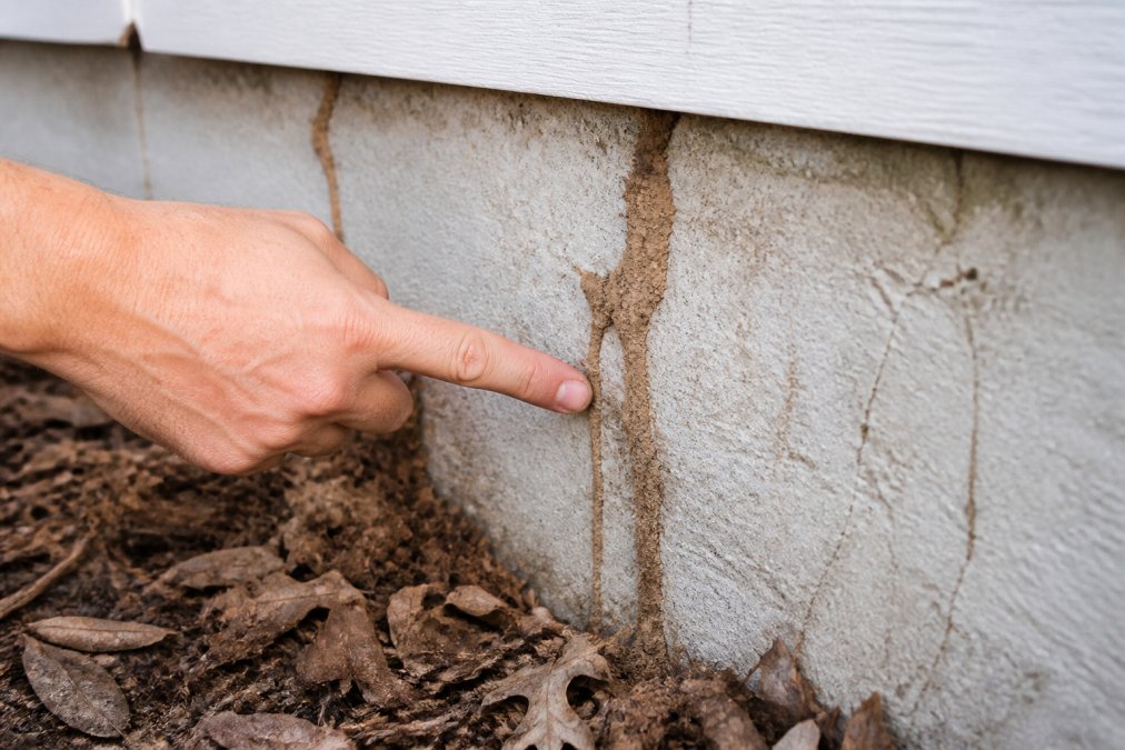 Close-up of a homeowner's hand pointing to mud tubes and wood damage along a residential foundation wall in natural daylight