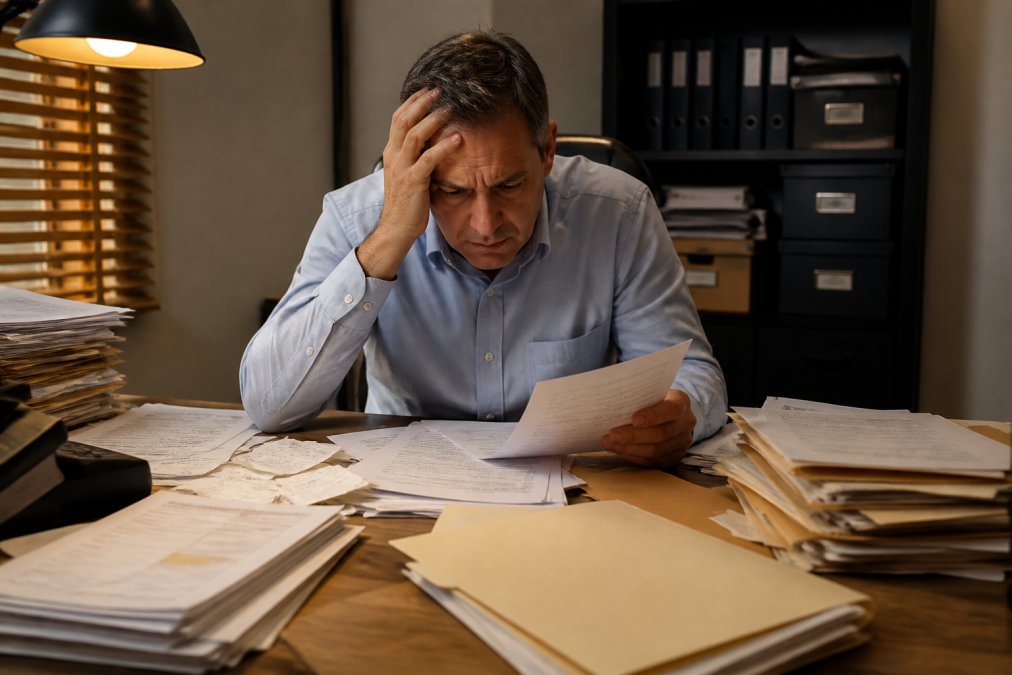 A small business owner sitting at a cluttered desk covered in tax documents, receipts, and manila folders, looking stressed while staring at a laptop screen under warm overhead office lighting