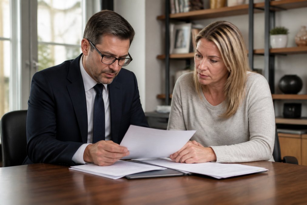 A professional tax advisor in a dark suit reviewing printed documents with a client across a wide wooden desk in a well-lit modern office, both leaning forward to examine the paperwork