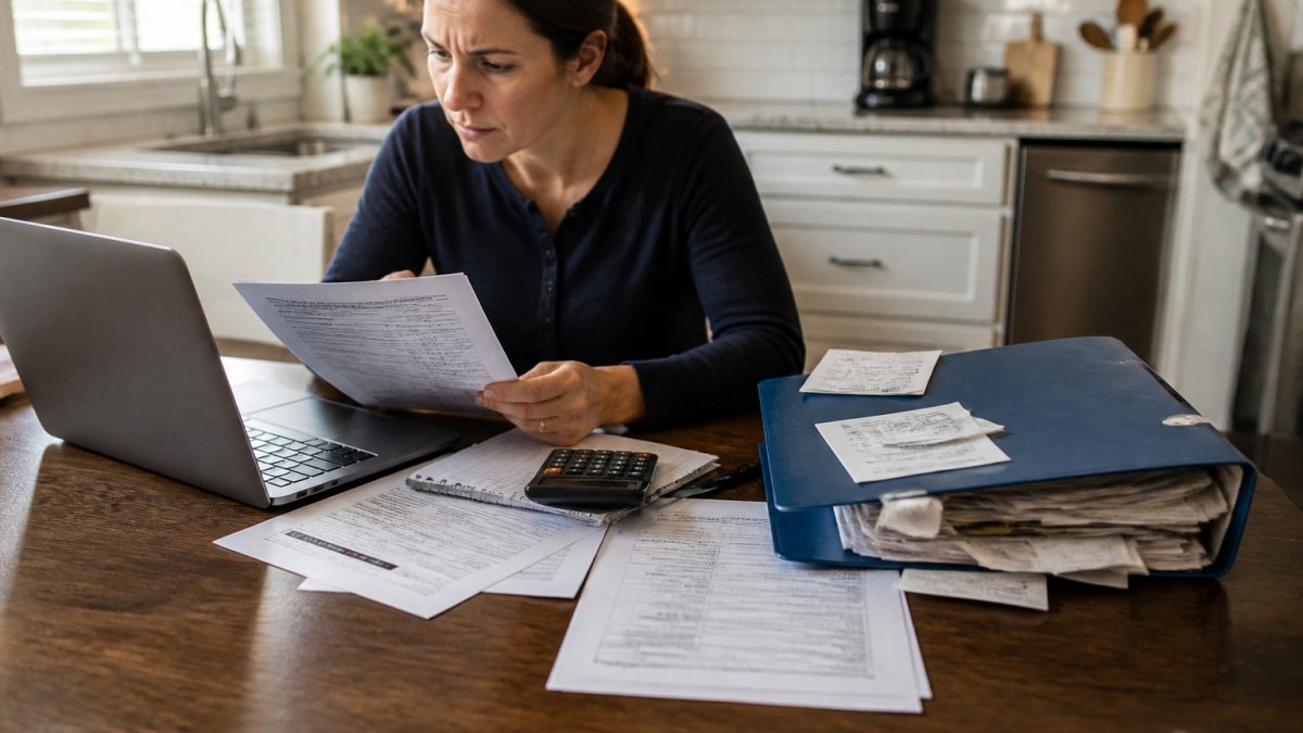 A taxpayer at a kitchen table comparing tax documents and a laptop screen showing tax software, with a folder of receipts and a calculator nearby