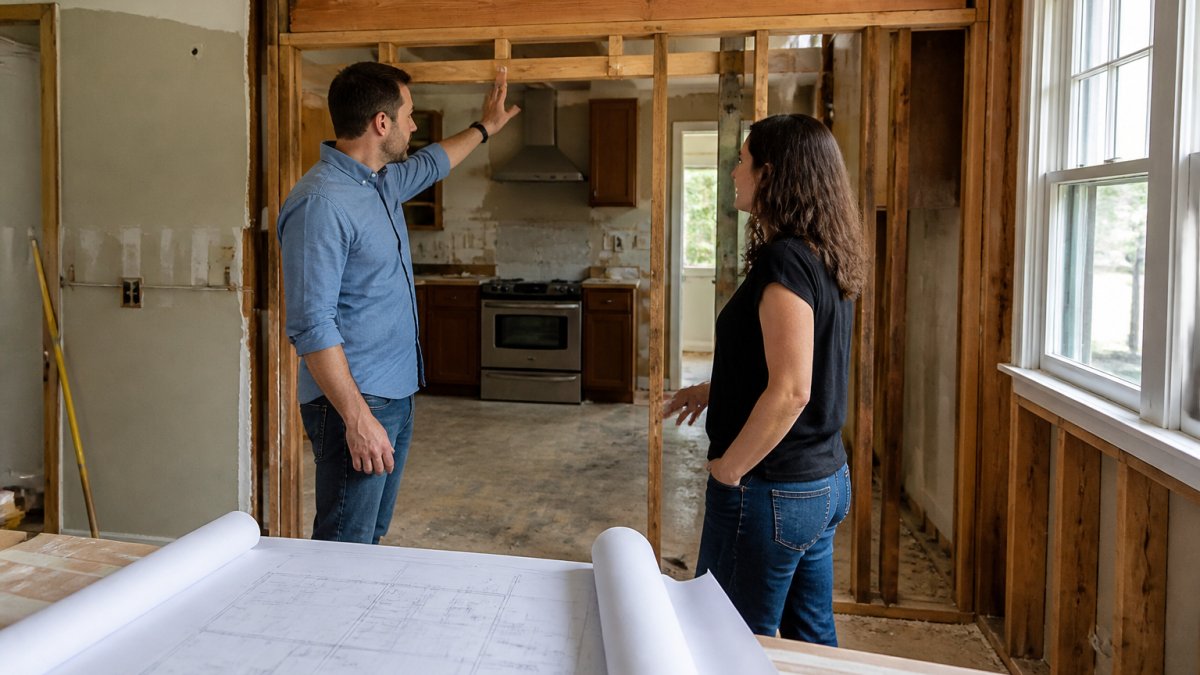 Small remodel architect discussing load-bearing wall removal process with a homeowner in a gutted kitchen.