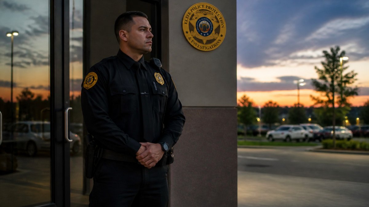 Uniformed armed security guards standing alert at a commercial building entrance during the dusk hours.