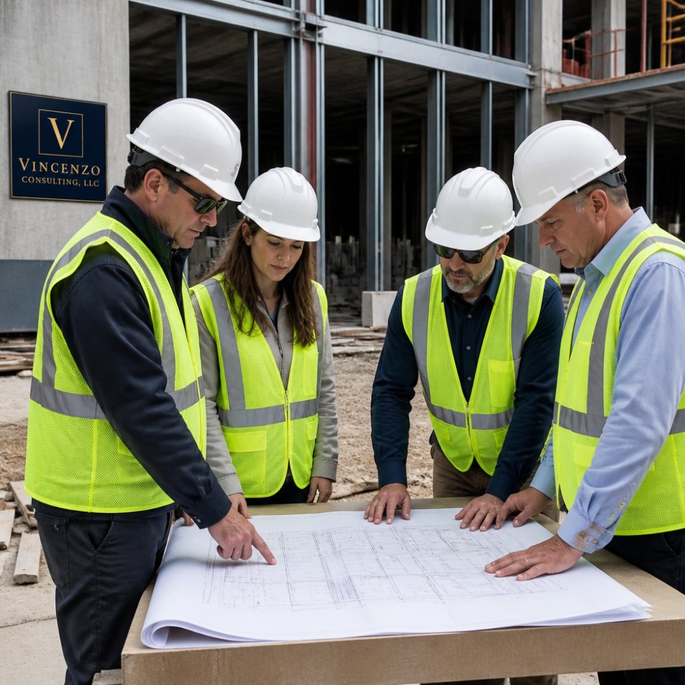 Construction owner representative reviewing project plans with contractors on an active building site