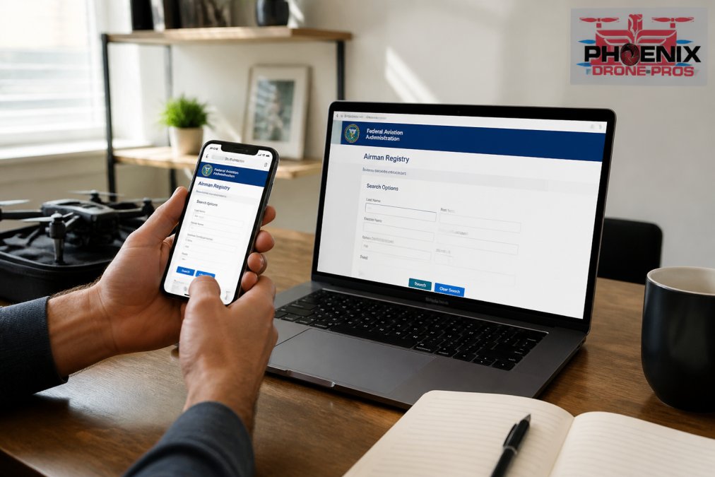 Hands using a smartphone and laptop to verify FAA certified drone pilots via the official online registry