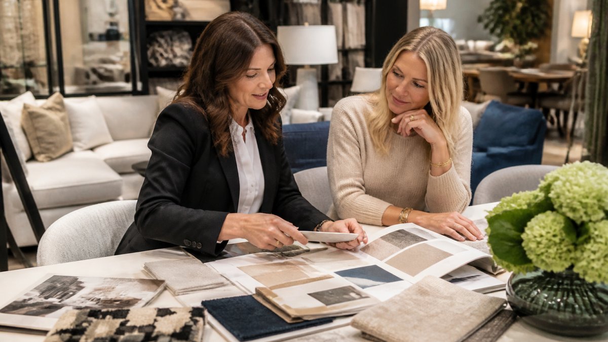 Professional interior designer and homeowner reviewing mood boards and fabric samples together at a design consultation table in a showroom with styled room displays visible in the background