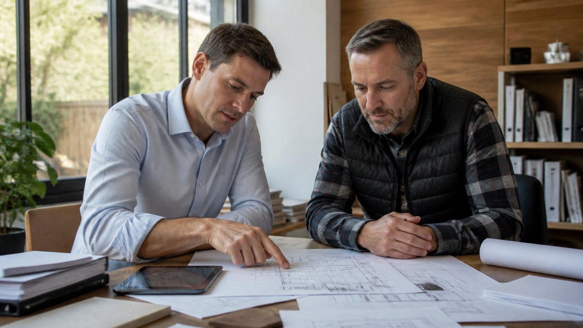 Professional energy consultant reviewing building plans and energy performance data with a builder in a modern office setting, natural light from windows, blueprints and tablet on desk