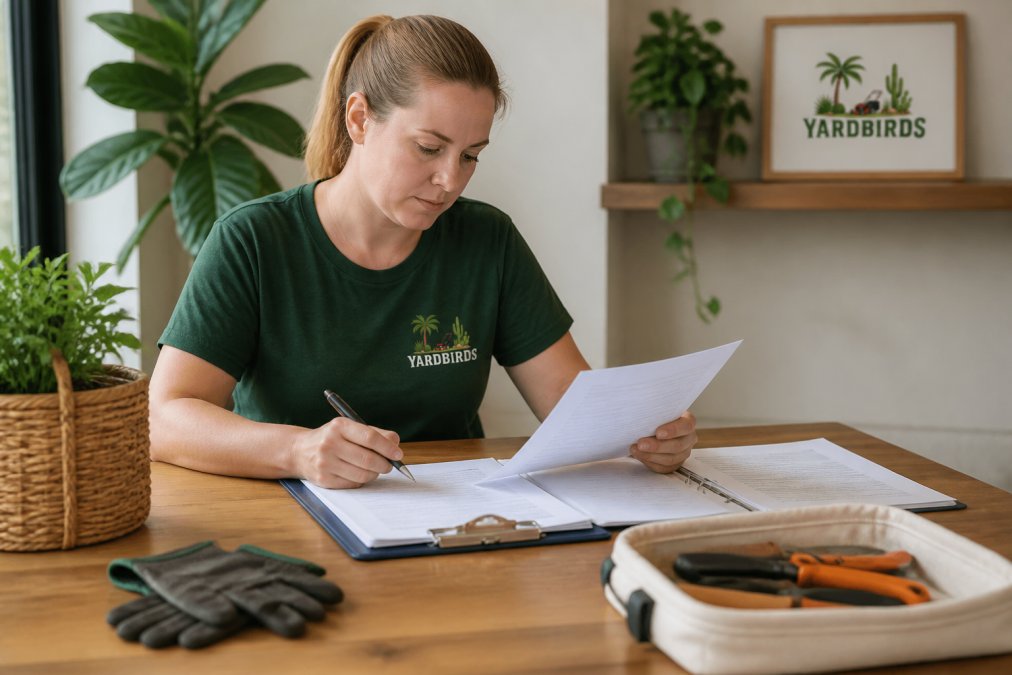 Homeowner reviewing a certificate of currency document and insurance paperwork on a desk with a clipboard and pen, natural office lighting
