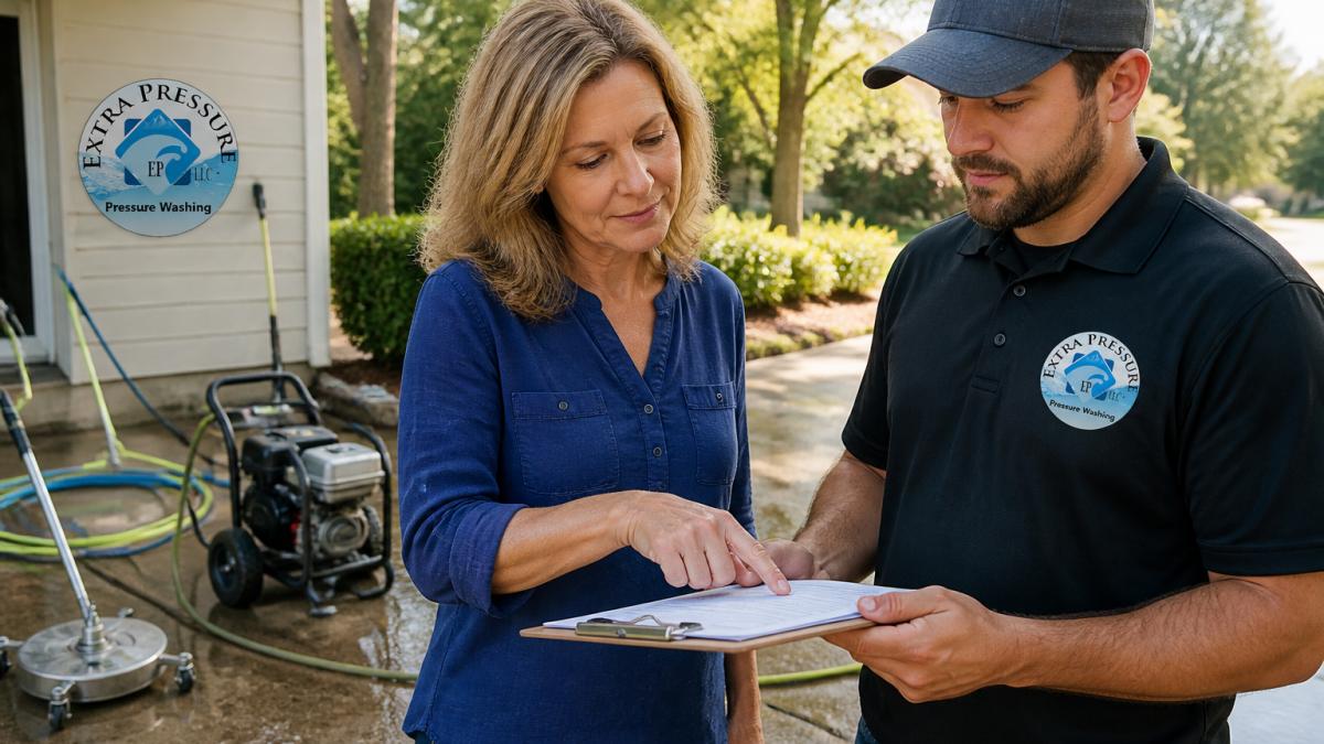 A homeowner and a pressure washing contractor reviewing an insurance certificate on a clipboard in a driveway, with pressure washing equipment visible in the background, bright morning light