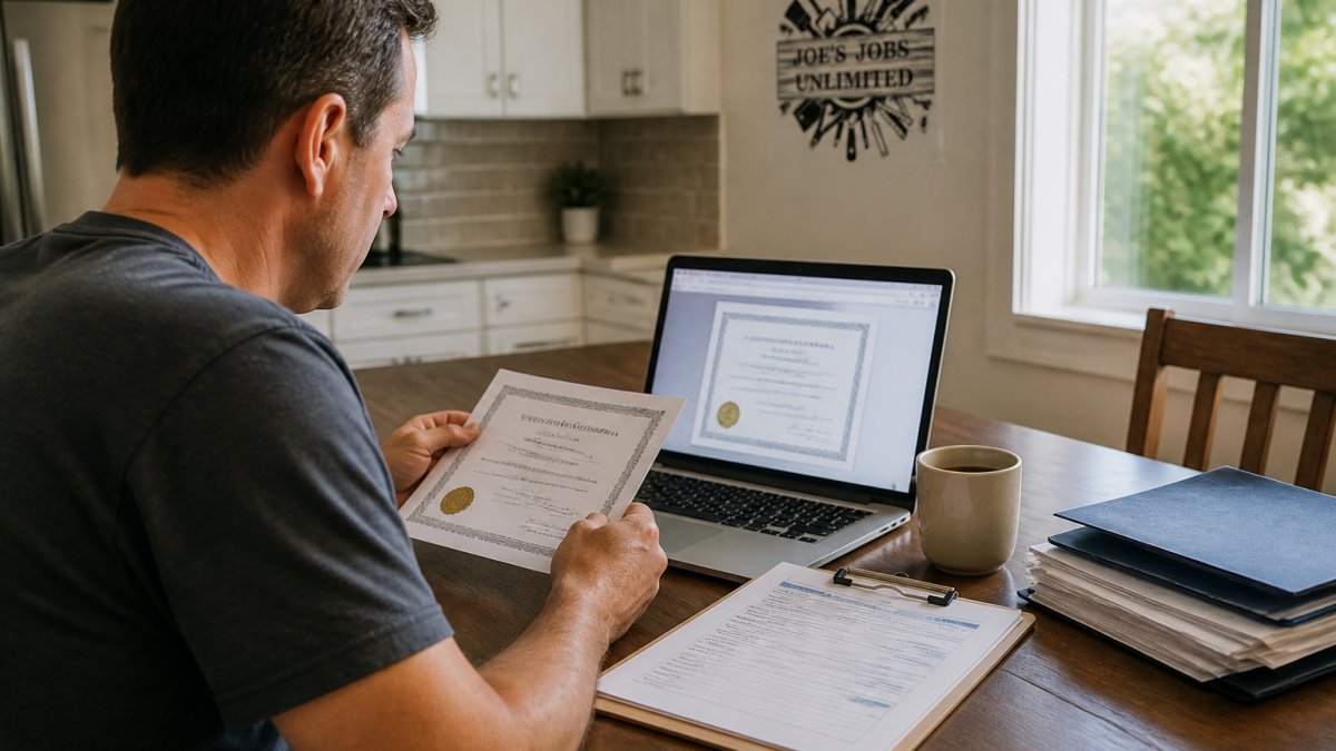 Homeowner at kitchen table reviewing plumber license documents on laptop screen, with printed credentials and clipboard visible, natural window lighting