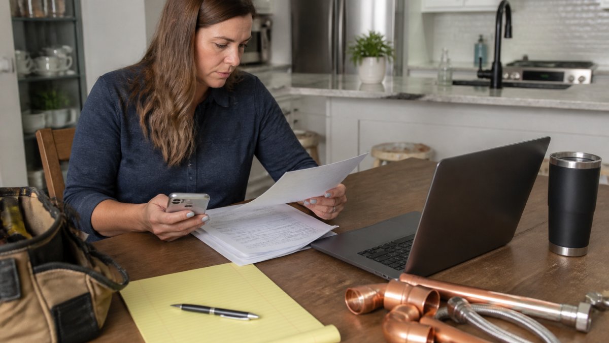 A homeowner at a kitchen table reviewing a contractor's license and insurance documents on a laptop, with a phone in hand and a notepad nearby