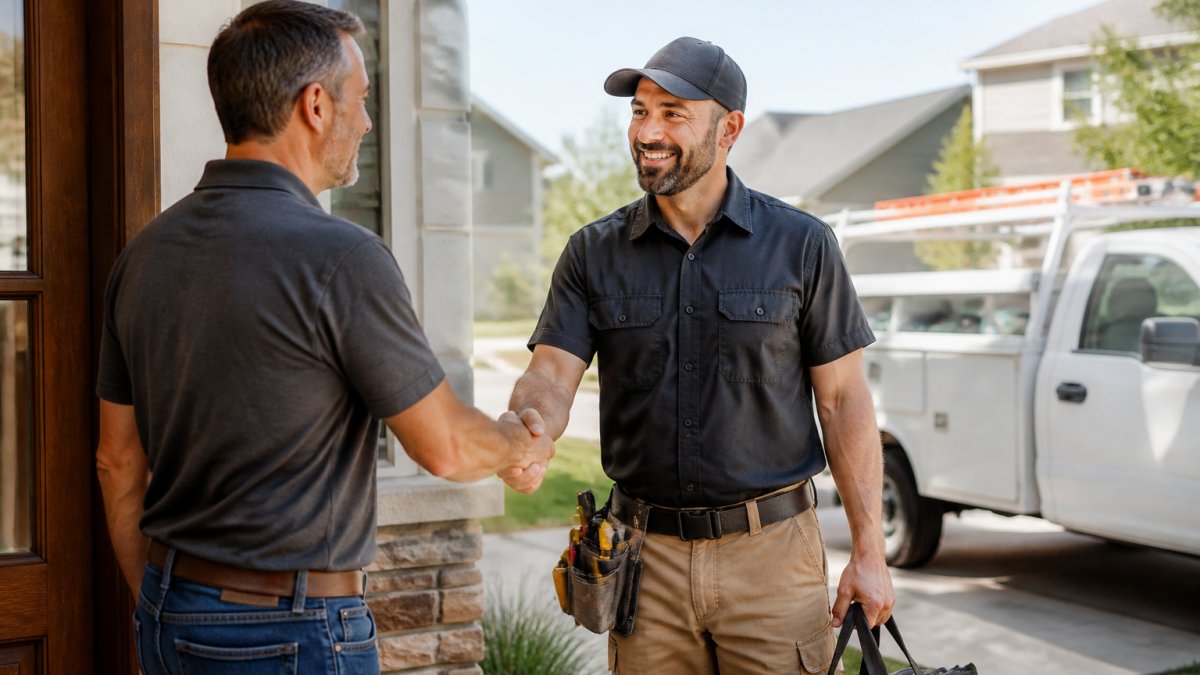 Professional homeowner shaking hands with contractor in work uniform at residential home entrance, truck visible in background, both smiling
