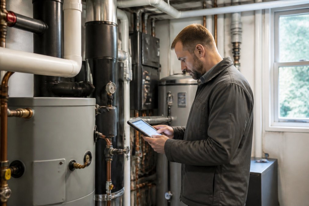 Professional mechanical engineer reviewing HVAC system performance data on tablet while inspecting building mechanical equipment in utility room with natural lighting