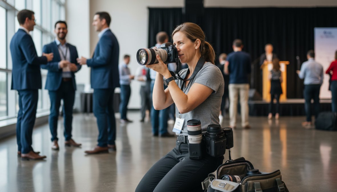 A photojournalist in a dark suit discreetly photographing animated guests networking at a corporate gala, capturing genuine laughter and conversation with professional camera equipment, warm ambient lighting