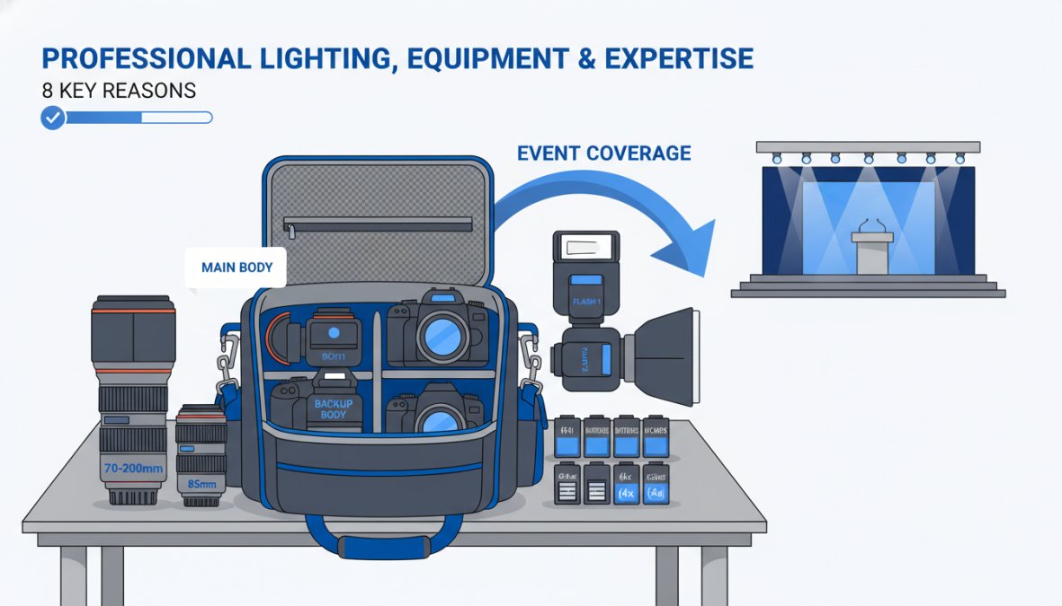 Close-up of a professional photographer's camera bag open on a conference table, showing multiple lenses, flash units, and two camera bodies laid out before a corporate event, bright overhead lighting