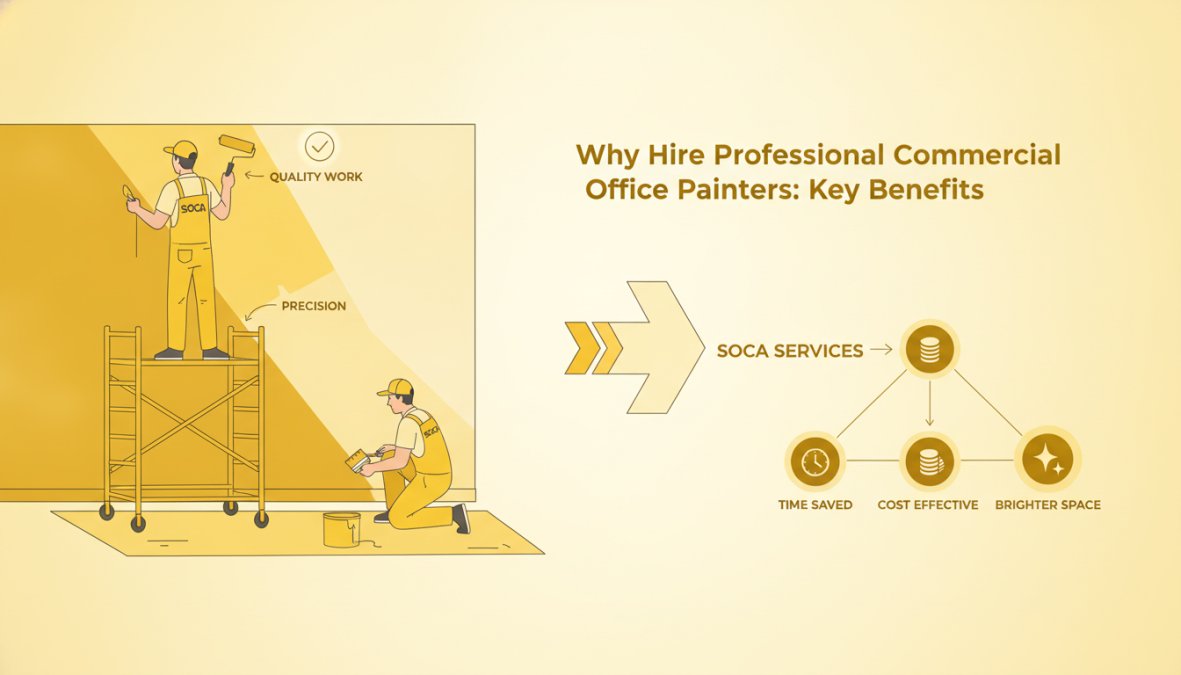 Professional painters from Soca Services applying fresh paint to an office interior wall with precision and care, showing quality workmanship and attention to detail in a modern office setting