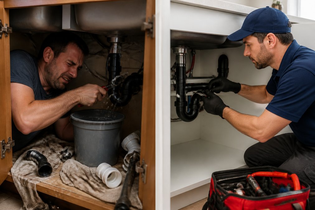 A close-up of a homeowner's hands attempting a plumbing repair under a sink with a wrench, showing a cramped, messy workspace and a look of frustration on their face