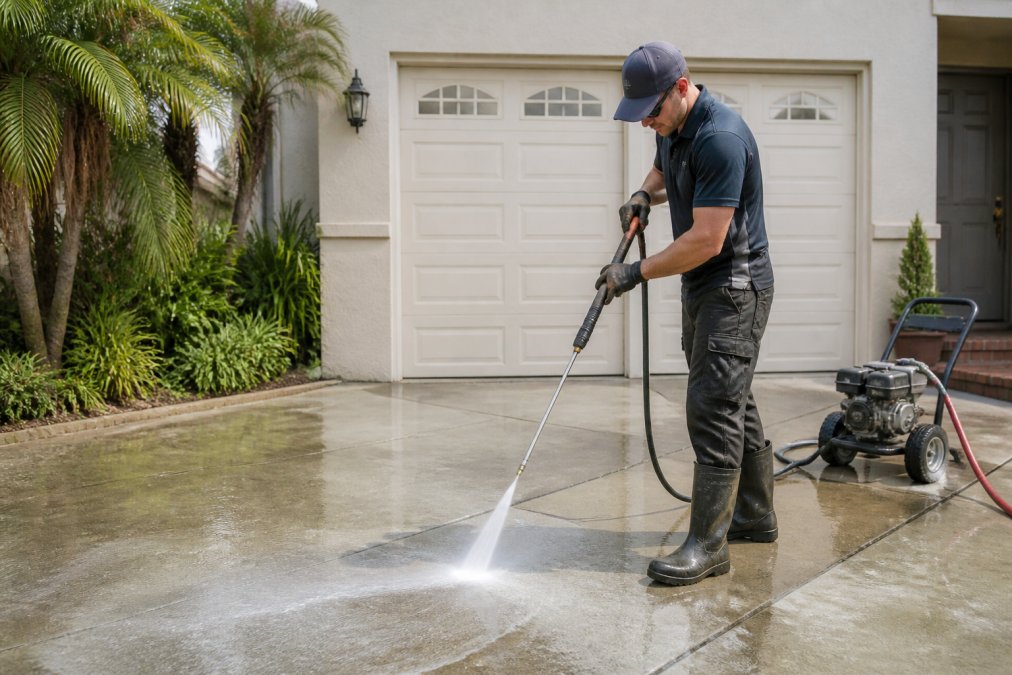 A trade-licensed technician in uniform using a professional-grade pressure washer on a concrete driveway, showing controlled technique and safety gear
