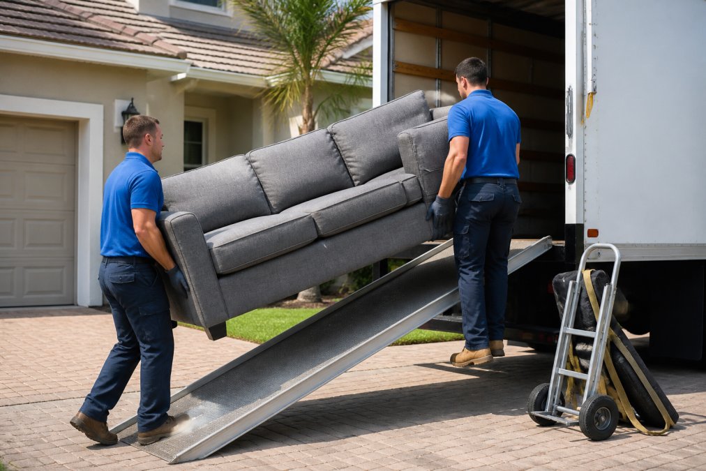 Two professional junk removal crew members in matching shirts and gloves lifting a heavy sofa onto a truck ramp outside a suburban home, with a hand truck and straps visible nearby
