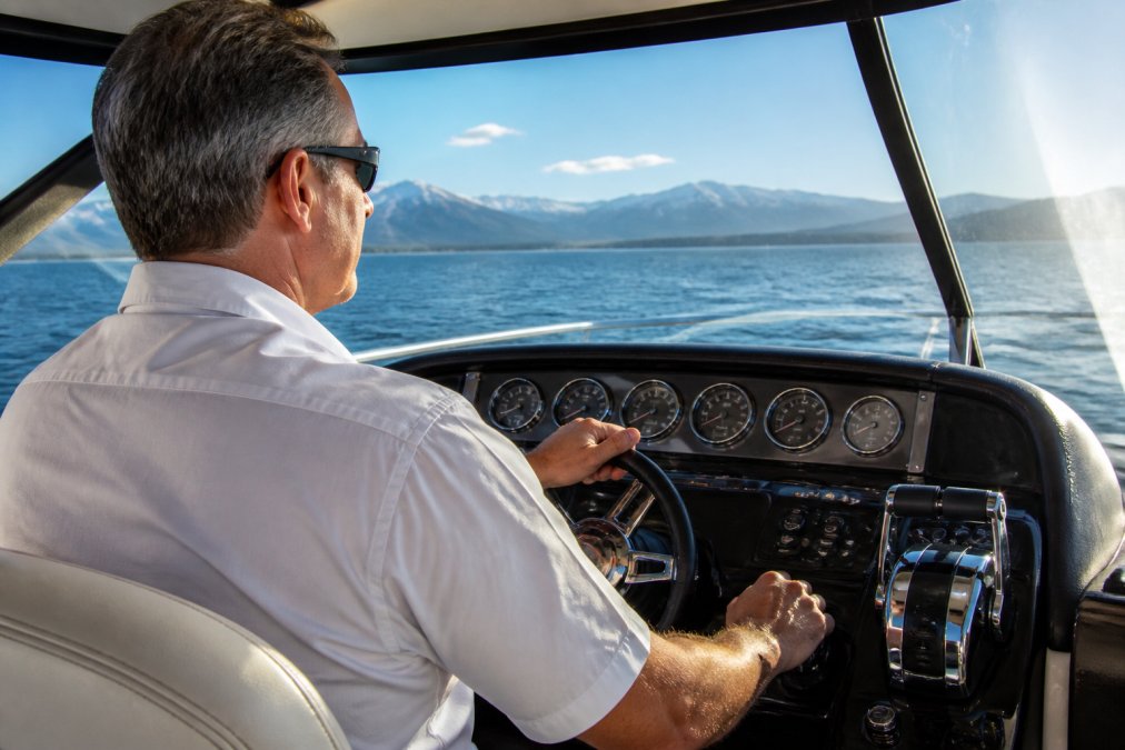 A USCG-licensed captain in a collared shirt at the helm of a boat, one hand on the wheel while checking a navigation display, sunlight across the dash
